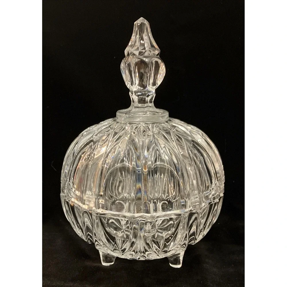 Vintage Footed Crystal Clear Cut Glass Candy Dish Bowl W/ Finial Lid 8